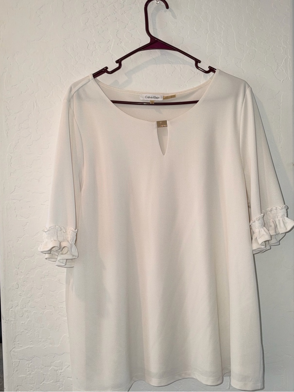 Calvin Klein Cream Ruffle Sleeve Keyhole Tunic